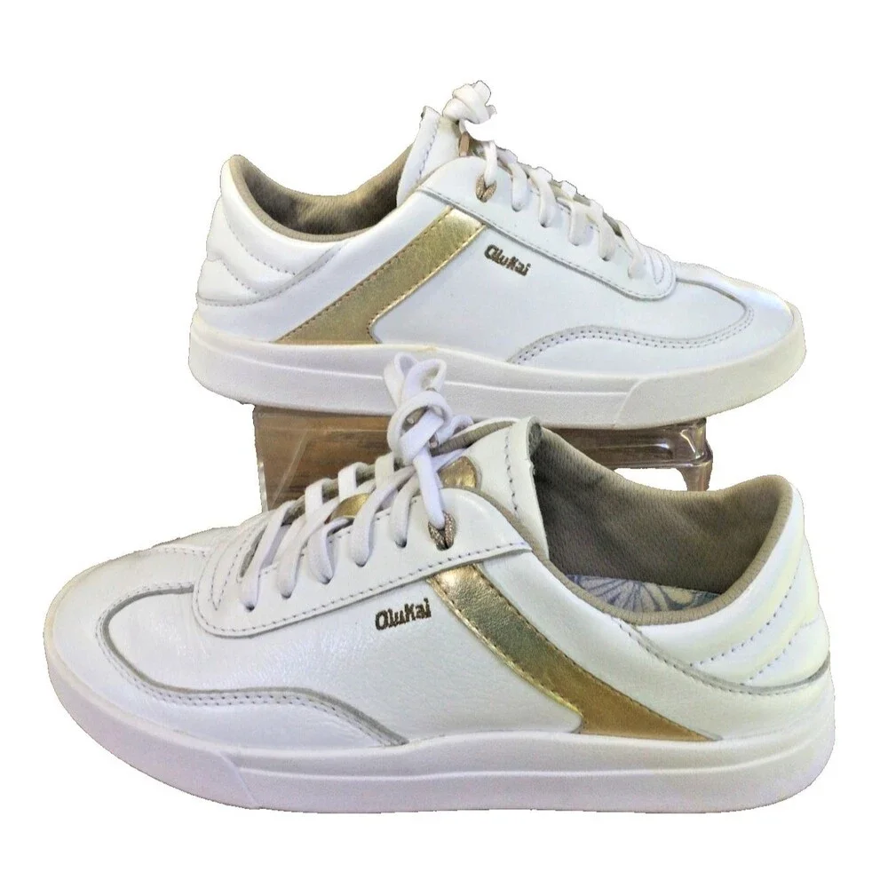 Olukai Ha'upu US 7 Full Grain Leather Sneaker Tennis Shoe Slide White Gold EU 37
